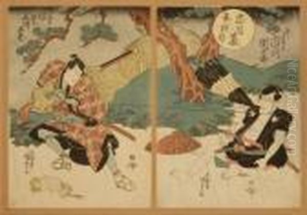 Depicting Two Warriors In A Pine Tree Landscape Under Rain. - view 1