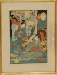 Scene Of A Woman Pouring Sake For A Seated Gentleman