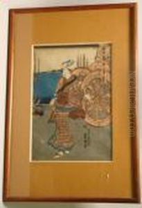 A Woman Standing Beside Cart Wheels by Gototei Kunisada