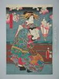 Une Jeune Femme Debout En Kimono De Fete by Gototei Kunisada