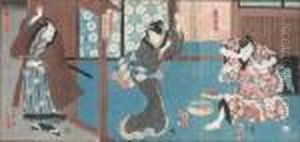 Teaterscen Med Tre Aktorer by Gototei Kunisada