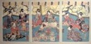 Triple Oban Court Scenes by Gototei Kunisada