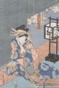 Kurtisane Bei Der Veranda Mit Stehlampe Und Koto.