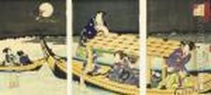 A Triptych Showing Prince Genji Observing The Abalone Divers On The Beach, Signed by Gototei Kunisada