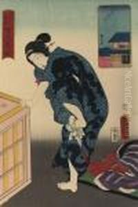 A Woman Dressed In Blue Kimono
Decorated With An Octopus Wiping Her Feet, From The Series A Woman Dressed In Blue Kimono
Decorated With An Octopus Wiping Her Feet, From The Series