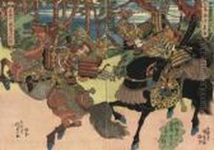 An Early Warrior Diptych Showing
 Minamoto Yoshitomo And Minamoto Yoshitsune On Horseback, Signed