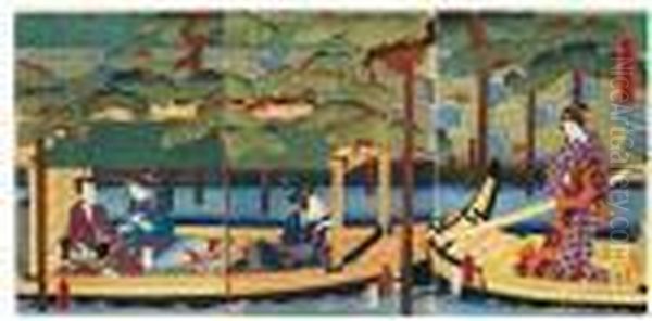 Edo Murasaki Shubi No Matsu
. Der Prinz In Gesellschaft Dreier Frauen Auf Einem Boot Unter Einer
Kieferbestandener Steinmauer. Eine Frau Schuttet Sake Aus Einer Flasche,
Eine Frau Wickelt Ihren - view 1