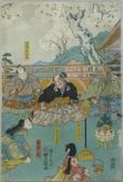 F?rst Kataoka Masataro Harumichi Umgeben Von Seinen Beiden Beratern. Japan, 1844
. Farbholzschnitt. Signiert - view 1