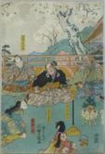 F?rst Kataoka Masataro Harumichi Umgeben Von Seinen Beiden Beratern. Japan, 1844
. Farbholzschnitt. Signiert