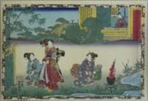 Prinz Genji Beobachtet Seine Hofdamen Im Garten. Japan by Gototei Kunisada