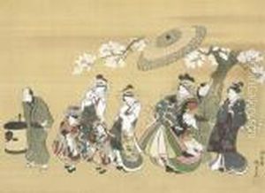 Courtesan On Parade In The Yoshiwara With Her Attendants Beneath Cherry Blossoms