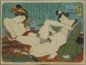 Kunisada, Utagawa Zugeschrieben. Kurtisane Und Geliebter Im Teehaus, Japan, Um 1840 by Gototei Kunisada