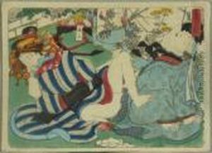 Kunisada, Utagawa Zugeschrieben. Kurtisane Und Klient, Japan, Um 1845 by Gototei Kunisada