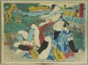 Kunisada, Utagawa Zugeschrieben. Liebespaar, Feuerwehrmann Und Landfrau, Japan, Um 1845