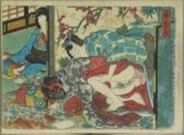 Kunisada, Utagawa Zugeschrieben.
 Prinz Genji Und Geliebte, Belauscht Von Einer Hofdame, Japan, Um 1845 - view 1