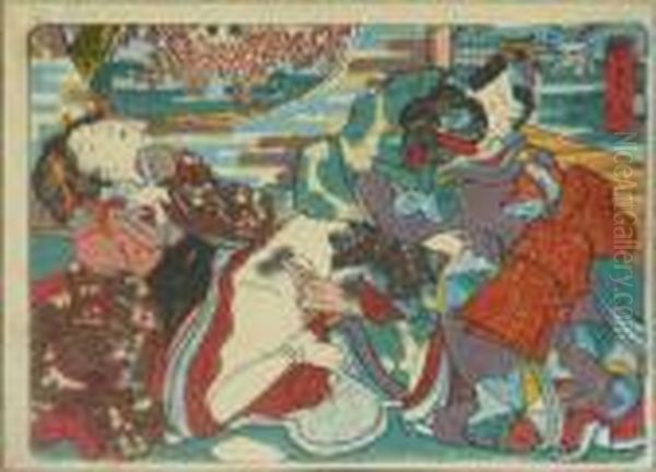 Kunisada, Utagawa Zugeschrieben. Prinz Genji Und Zwei Hofdamen, Japan, Um 1845 - view 1