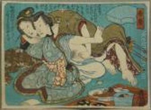 Kunisada, Utagawa Zugeschrieben. Sumoringer Mit Geliebter Im Teehaus, Japan, Um 1840 by Gototei Kunisada