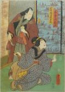 Kunisada, Utagawa. Kikuya Chobei Mit Tabakbeutel Und Pfeife Wartet Auf Oroku, Japan