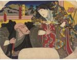 (uchiwa-e): Actors As Princess Tamaori And Priest Kumagai Renjo