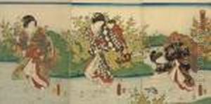 An Oban Triptych With Three
Ladies Wading Through A Stream, One With A Child On Her Back, Another
Bending To Pick Up by Gototei Kunisada