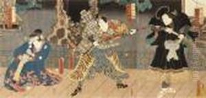 Triptych Depicting From Right To Left The Actors Bando Hikosaburo