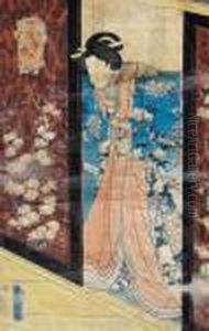 Kobieta Wychodzaca Z Wnetrza Domu by Gototei Kunisada