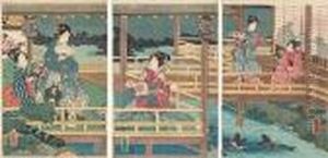Triptych Of Women Watching Fish by Gototei Kunisada