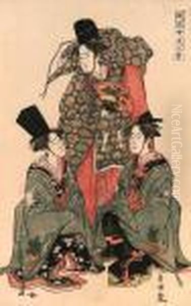 Toyokuni : Oban Tate-e ; Three 
Bijindressed Up As Sanbaso Dancers, The Print Entitled Furyu Onna 
Shikisanba [elegant Women's Sanbaso], They Represent The Men, Chichi 
Nojo, Okina And Sanbaso In The Shiki Sanba Ceremonial Dance, 
Signedtoyokuni Ga Wi - view 1
