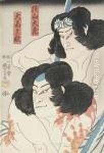 Three Prints Depicting Actors From The Play Takagi Oriemon Budojitsu Roku
