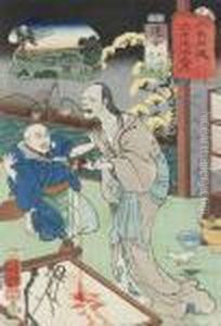 The Hideously Deformed Oiwa Squeezing Blood From Herhair by Utagawa Kuniyoshi
