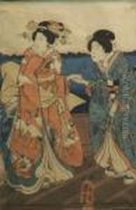 Two Ladies On A Bridge by Utagawa Kuniyoshi