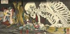The Famous Triptych Showing
Takiyasha Calling Up A Monstrous Skeleton Spectre To Frighten Mitsukuni,
Published By Hachi(?), In Circa 1844, Signed by Utagawa Kuniyoshi