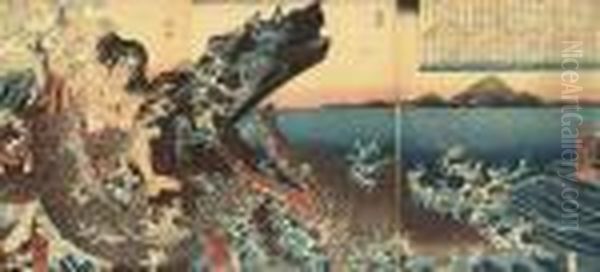 A Triptych Showing Asahina 
Saburo Yoshihide Struggling With Two Crocodiles On The Seashore, Good 
Impression, Colours Faded, Left Sheet Trimmed; And Seven Other Triptychs
 In Fair/good Condition (8) - view 1