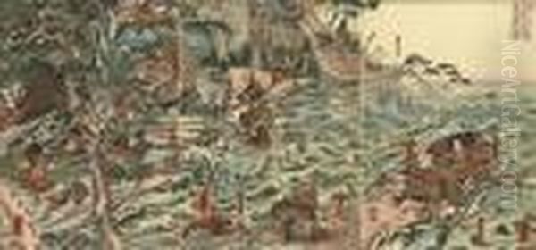 A Triptych Showing The Rival
Generals Swimming The Uji River To Attack The Yoshinakas, Good
Impression, Colour And Condition; And Eight Other Triptychs, One Of Them
Showing The Battle Of Ishibashiyama, In Fair/good Condition (9) - view 1