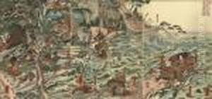 A Triptych Showing The Rival 
Generals Swimming The Uji River To Attack The Yoshinakas, Good 
Impression, Colour And Condition; And Eight Other Triptychs, One Of Them
 Showing The Battle Of Ishibashiyama, In Fair/good Condition (9) by Utagawa Kuniyoshi
