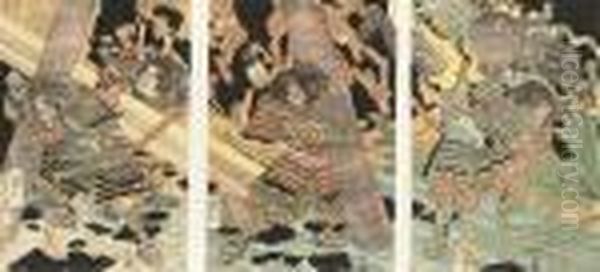 A Triptych Showing Kuriu Sayemon
 And Other Retainers Of Nitta Yoshisada Breaking Up A Haunted Temple, 
Published By Yamamotoya Heikichi (circa 1820-1825), Very Good 
Impression, Colour And Condition, Full Size; And Five Similar Triptychs 
In Fair/goo - view 1