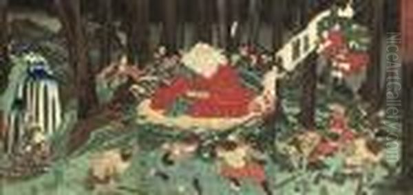 A Triptych Showing Minamoto No 
Ushiwakamaru Attended By Kisanda, Practising Fencing With The - view 1