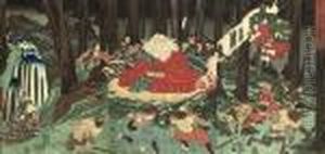 A Triptych Showing Minamoto No
Ushiwakamaru Attended By Kisanda, Practising Fencing With The by Utagawa Kuniyoshi