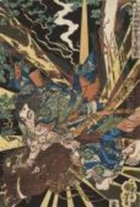 Koshibe No Sugaru Amidst Flashes Of Lightning Captures Alive A by Utagawa Kuniyoshi