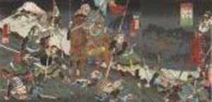 The Takeda Commander Yamamoto
Kansuke Rallies His Few Surviving Troops On A Hill For Their Last Stand
Against Uesugi Kenshin's Army At The Battle Of Kawanakajima In 1561,
Signed by Utagawa Kuniyoshi