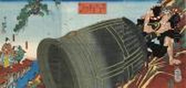 Yoshitsune Looks On In Amazement
As Benkei For A Practical Joke Drags Off The Great Bell Of The Miidera
Temple On Mt. Hiei, Signed - view 1