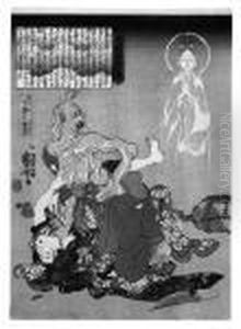 . Die Alte Frau Von Hitotsuya
Versucht Eine Junge Frau Zu Toten. Im Hintergrund Erscheint Der
Bodhisattva Kanon. Erlauterung In Dreifarbiger Kartusche. Bez.:
Ichiyusai Kuniyoshi Ga. Zensur: Fu. Ohne Verlagsangabe. Um 1843. by Utagawa Kuniyoshi