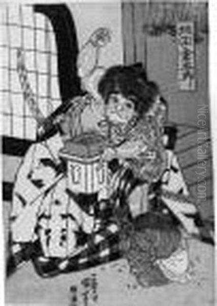 . Der Knabe Kintaro In 
Zeremoniellem Gewand Vertreibt Einen Zusammengerollten Teufel Mit Bohnen
 Zum Neuen Jahr. Bez.: Ichiyusai Kuniyoshi Ga. Verlag: Izumiya Ichibei. 
Zensur: - view 1