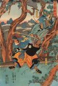 Legendarny Bohater Z Uniesionym Mieczem Japonia, Ok. 1840 R. by Utagawa Kuniyoshi