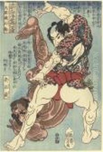 Tengen Isobyoe (tengen Isobyoe Throwing Yasha Arashi In A Wrestling Bout) by Utagawa Kuniyoshi