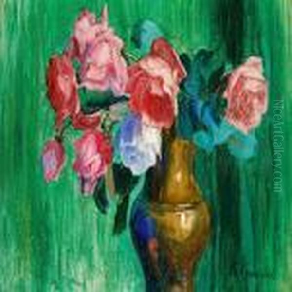Emerald Green Still Life With Roses In A Vase - view 1