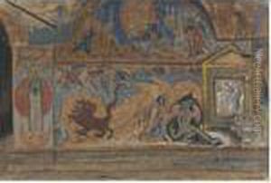 Church Fresco Design Of St. George Slaying The Dragon by Boris Kustodiev