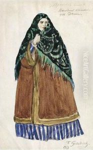 Costume Design For Dasha, The Merchant's Wife, Wearing Green And Black Headscarf