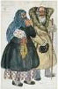 Costume Design For An Old Peasant Couple: Agafon And Stepanida by Boris Kustodiev
