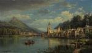 A Capriccio River Landscape With Figures Conversing And A Townbeyond